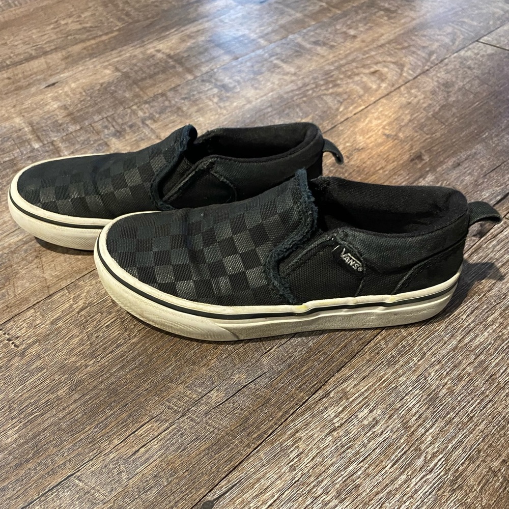 Black and Grey Checked Vans Slip Ons